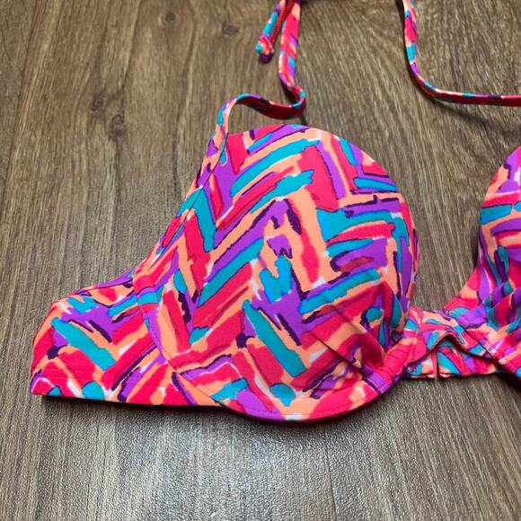 Aerie Womens Blakey Underwire Halter Bikini Bra Top Size 34A Geo Patterned Neon - Picture 3 of 7